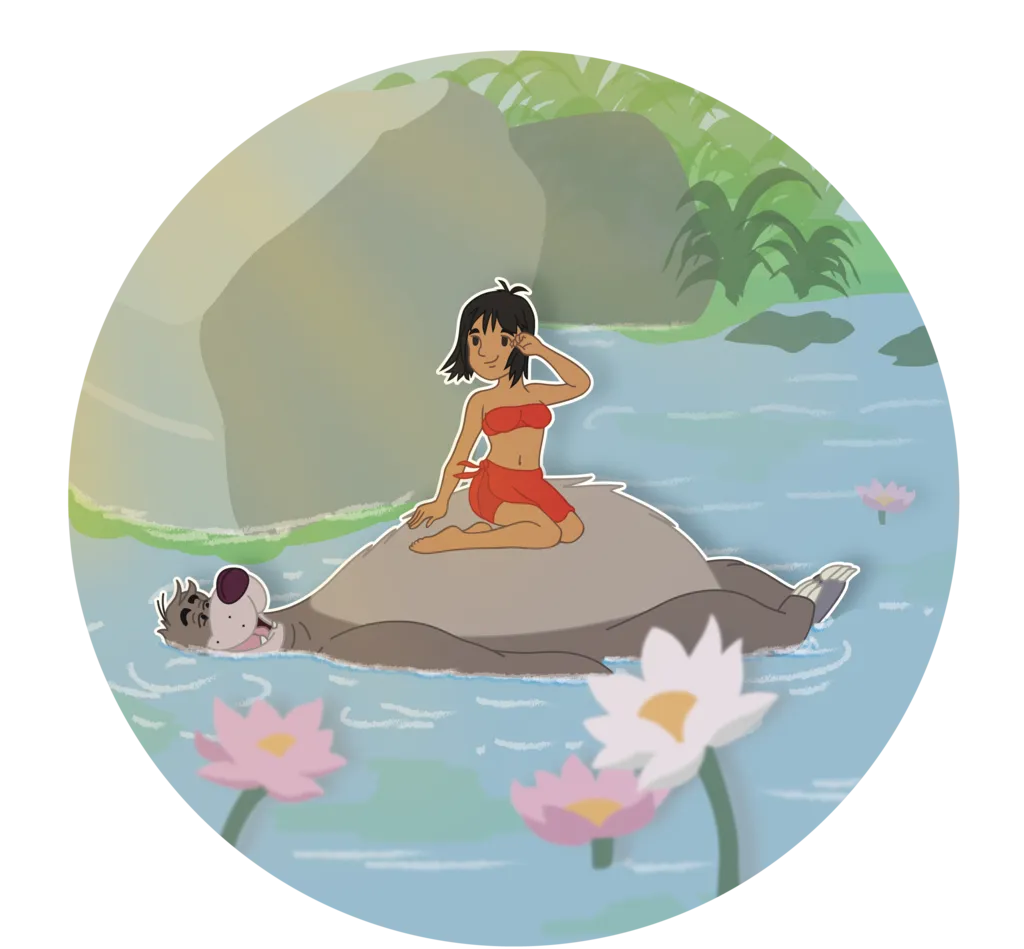 Mowgli with animal friends, jungle adventure, free png